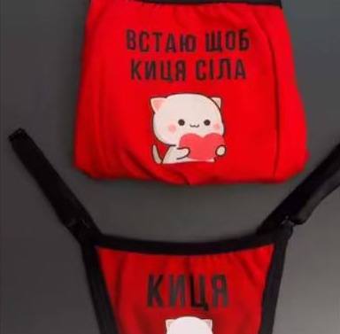 Червоний комплект білизни з котиком і написом «Встаю щоб киця сіла»